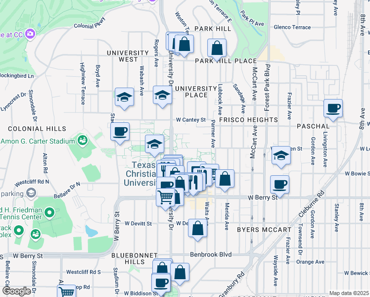 map of restaurants, bars, coffee shops, grocery stores, and more near 2913 W Lowden St in Fort Worth