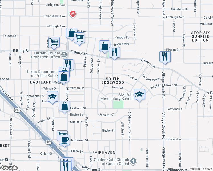 map of restaurants, bars, coffee shops, grocery stores, and more near 3613 South Hughes Avenue in Fort Worth