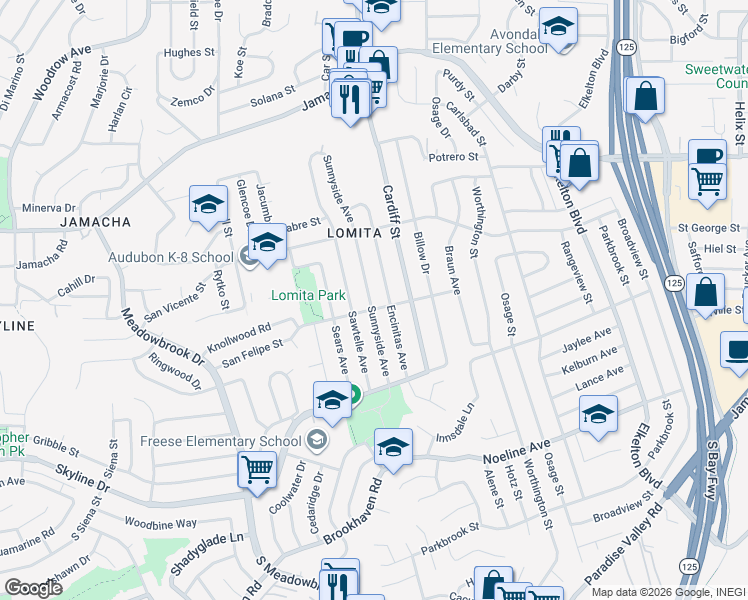 map of restaurants, bars, coffee shops, grocery stores, and more near 511 Sunnyside Avenue in San Diego