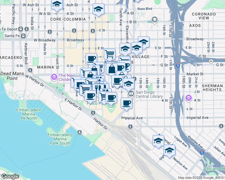 map of restaurants, bars, coffee shops, grocery stores, and more near 787 J Street in San Diego