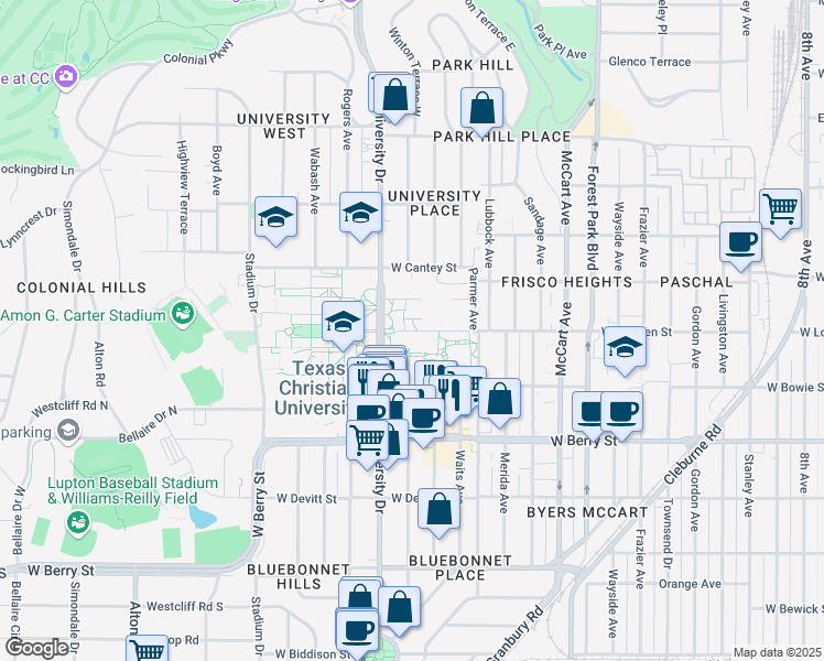 map of restaurants, bars, coffee shops, grocery stores, and more near 2950 West Lowden Street in Fort Worth