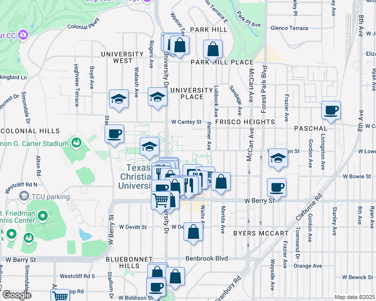 map of restaurants, bars, coffee shops, grocery stores, and more near 2900 West Lowden Street in Fort Worth