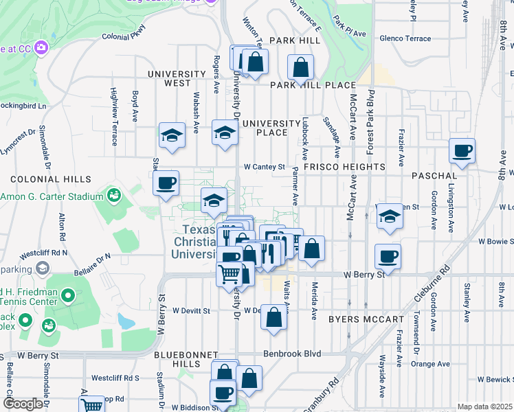map of restaurants, bars, coffee shops, grocery stores, and more near 2950 West Lowden Street in Fort Worth