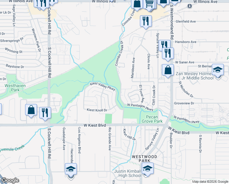 map of restaurants, bars, coffee shops, grocery stores, and more near 3750 Kiest Valley Parkway in Dallas