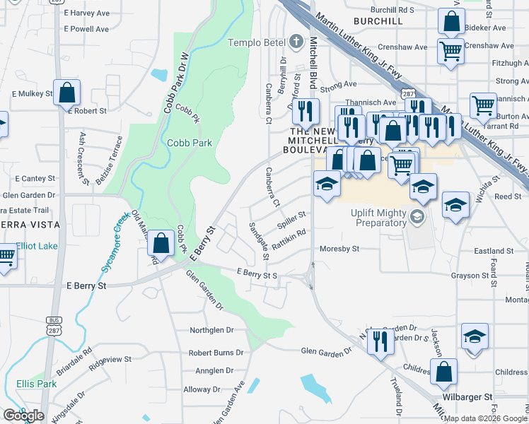 map of restaurants, bars, coffee shops, grocery stores, and more near 2412 Lowriemore Lane in Fort Worth