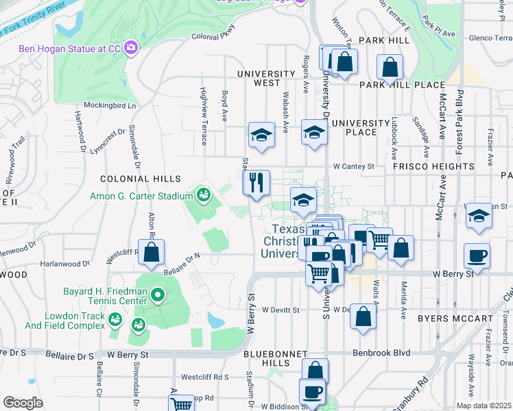 map of restaurants, bars, coffee shops, grocery stores, and more near 2913 Stadium Drive in Fort Worth