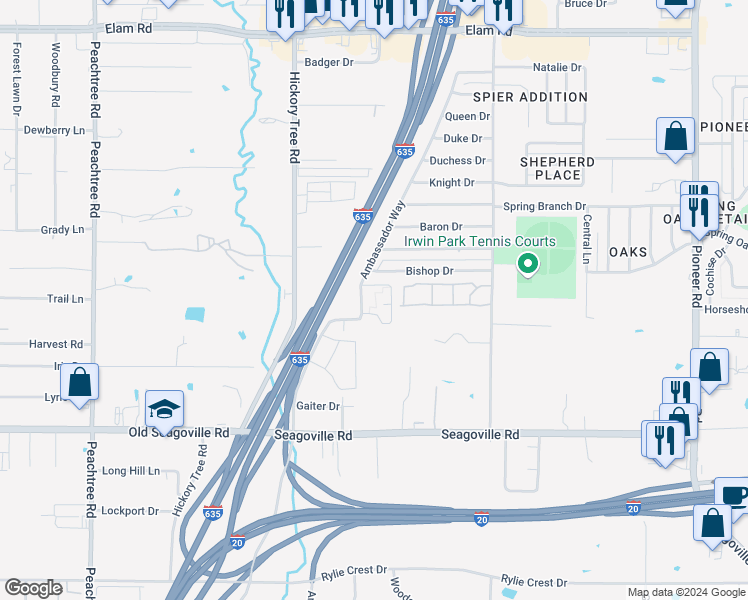 map of restaurants, bars, coffee shops, grocery stores, and more near 4416 Ambassador Way in Balch Springs
