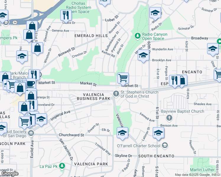 map of restaurants, bars, coffee shops, grocery stores, and more near 5590 Stevens Way in San Diego