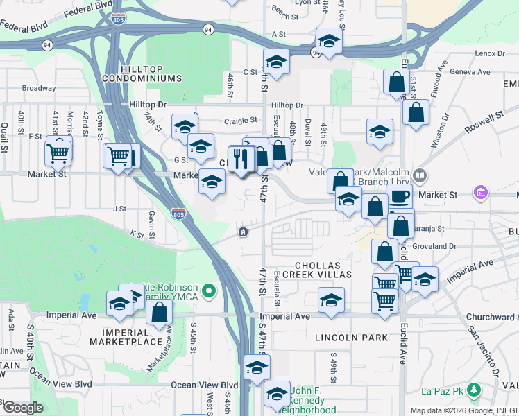 map of restaurants, bars, coffee shops, grocery stores, and more near in San Diego