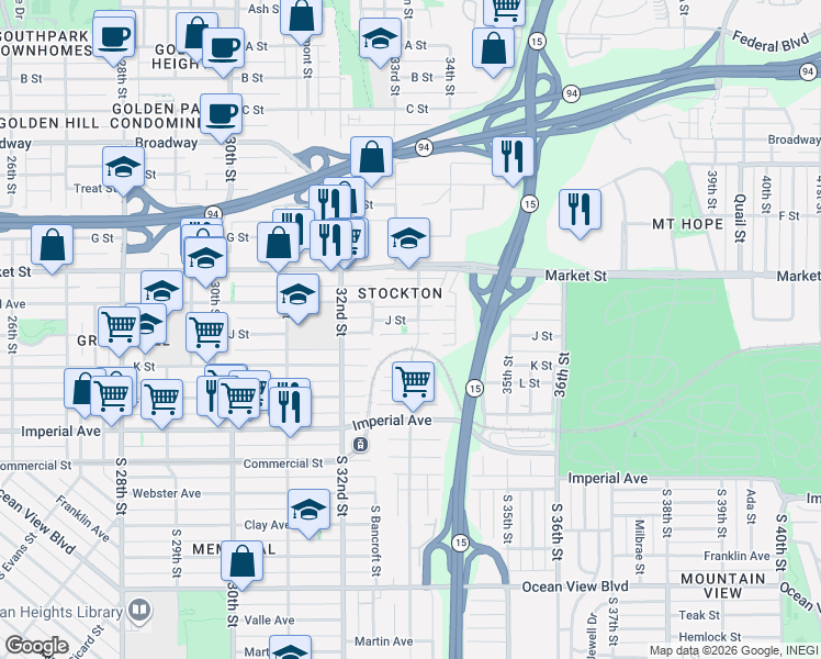 map of restaurants, bars, coffee shops, grocery stores, and more near 3284 K Street in San Diego