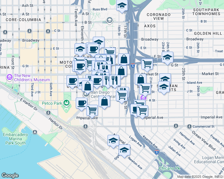 map of restaurants, bars, coffee shops, grocery stores, and more near 335 15th Street in San Diego