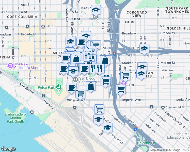 map of restaurants, bars, coffee shops, grocery stores, and more near 1431-33 J Street in San Diego