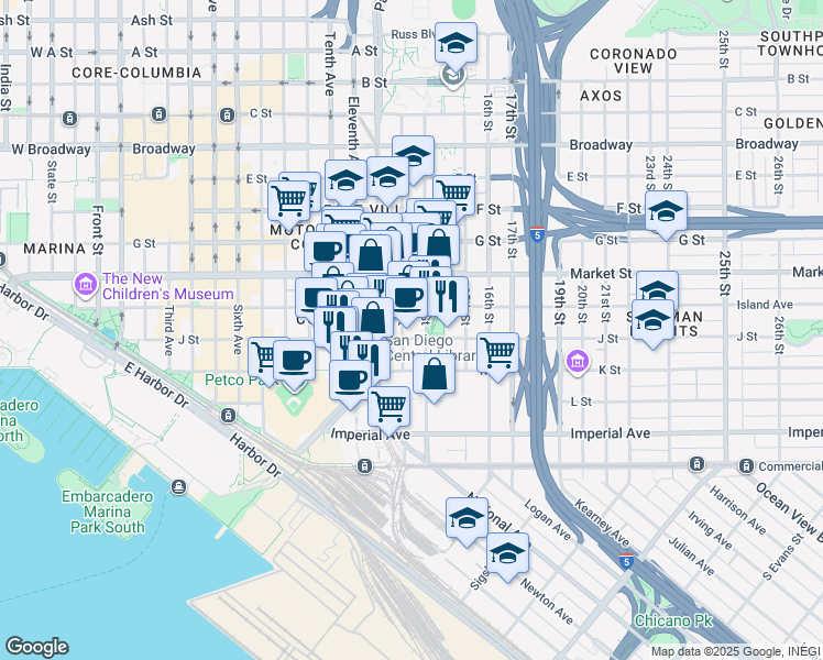 map of restaurants, bars, coffee shops, grocery stores, and more near 342-398 13th Street in San Diego