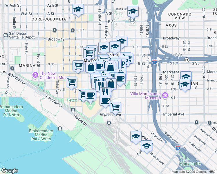 map of restaurants, bars, coffee shops, grocery stores, and more near 330 Park Boulevard in San Diego