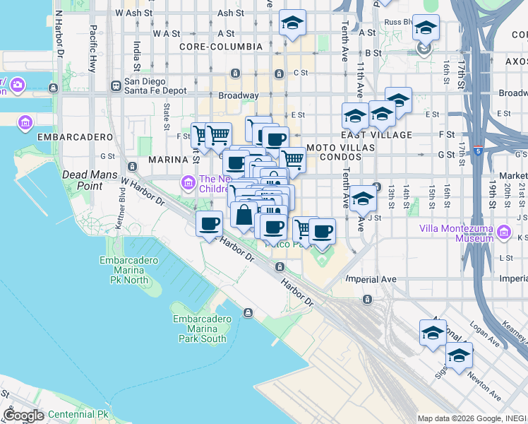 map of restaurants, bars, coffee shops, grocery stores, and more near in San Diego