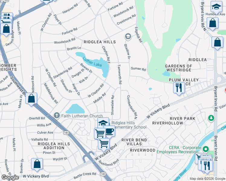 map of restaurants, bars, coffee shops, grocery stores, and more near 4216 Stonedale Road in Fort Worth