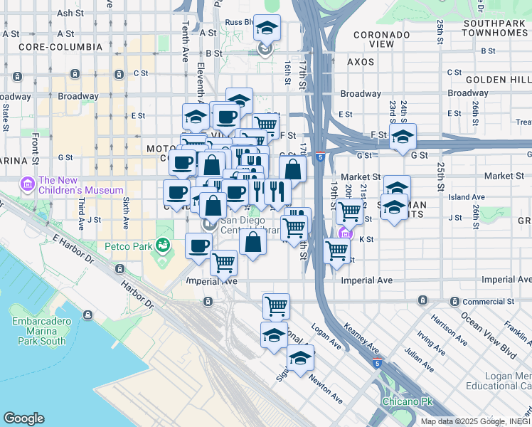 map of restaurants, bars, coffee shops, grocery stores, and more near 424 15th Street in San Diego