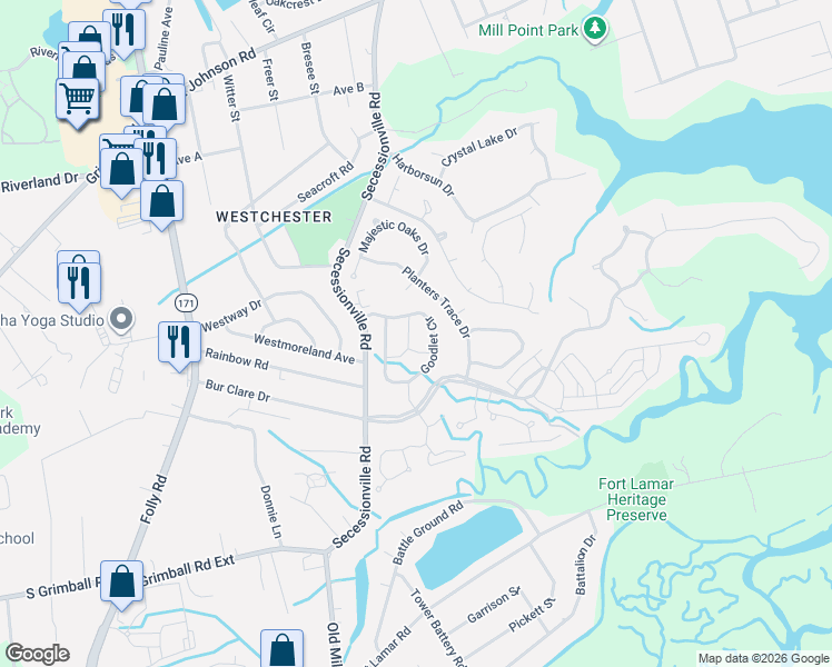 map of restaurants, bars, coffee shops, grocery stores, and more near 531 McEnery Alley in Charleston