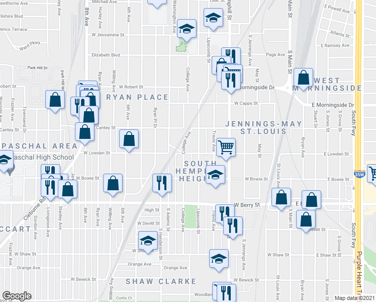 map of restaurants, bars, coffee shops, grocery stores, and more near 2845 College Avenue in Fort Worth