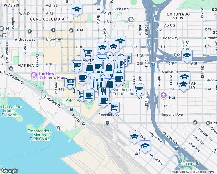 map of restaurants, bars, coffee shops, grocery stores, and more near 330 Park Boulevard in San Diego