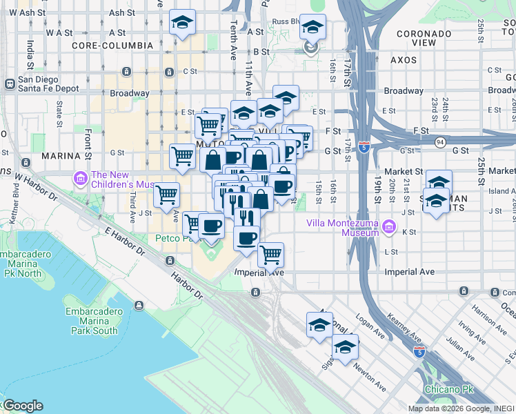 map of restaurants, bars, coffee shops, grocery stores, and more near in San Diego