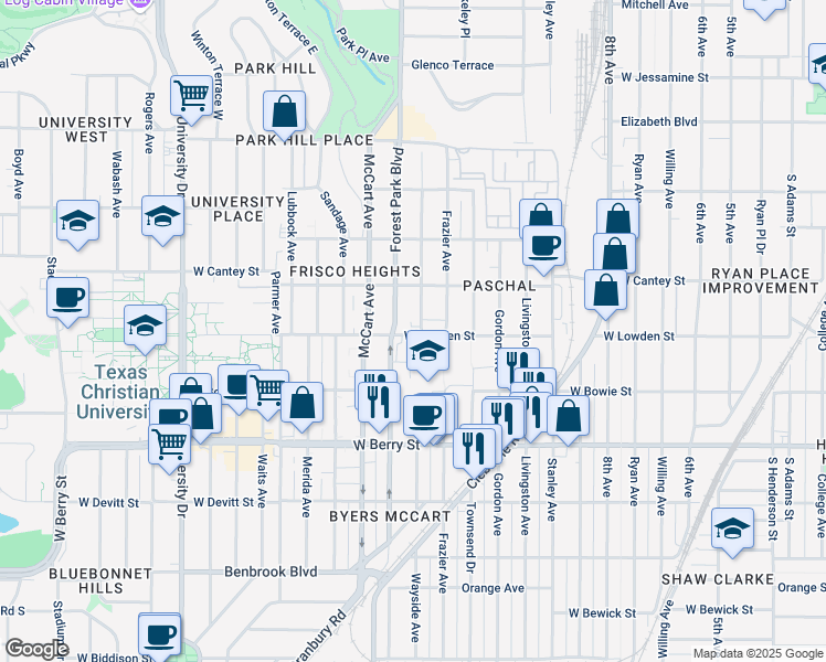 map of restaurants, bars, coffee shops, grocery stores, and more near 2306 West Lowden Street in Fort Worth