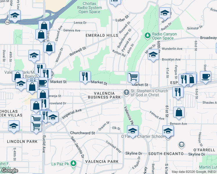map of restaurants, bars, coffee shops, grocery stores, and more near 5615 Market Street in San Diego