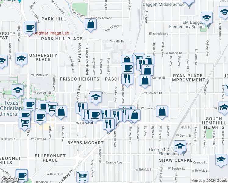 map of restaurants, bars, coffee shops, grocery stores, and more near 2836 Gordon Avenue in Fort Worth