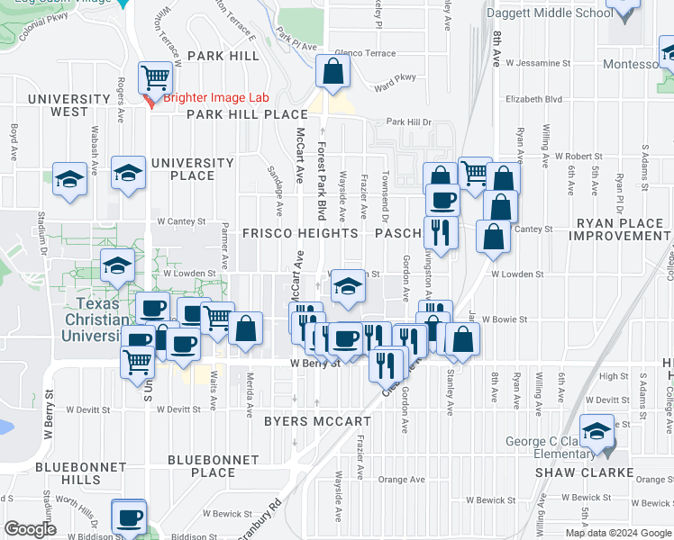 map of restaurants, bars, coffee shops, grocery stores, and more near 2300 West Lowden Street in Fort Worth