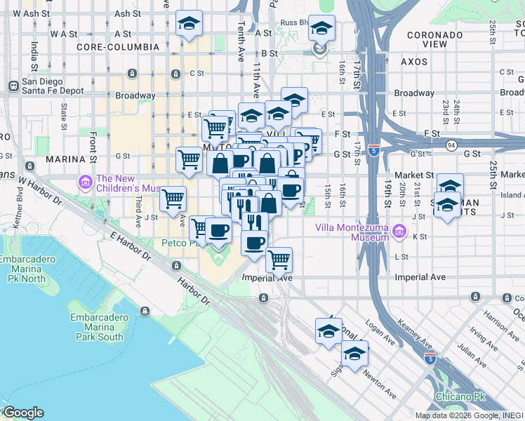 map of restaurants, bars, coffee shops, grocery stores, and more near 330 Park Boulevard in San Diego