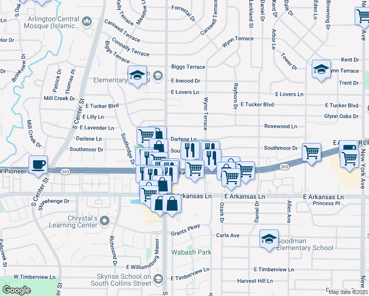 map of restaurants, bars, coffee shops, grocery stores, and more near 901 East Pioneer Parkway in Arlington