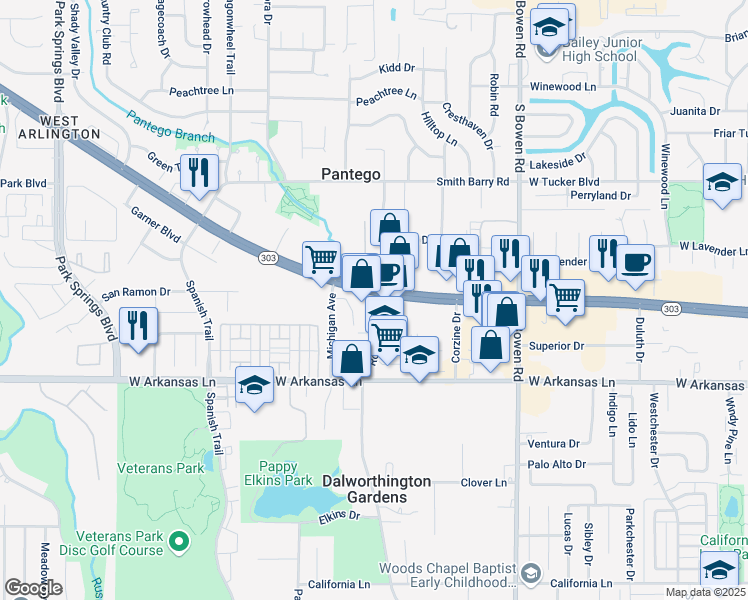 map of restaurants, bars, coffee shops, grocery stores, and more near 2900 West Pioneer Parkway in Arlington