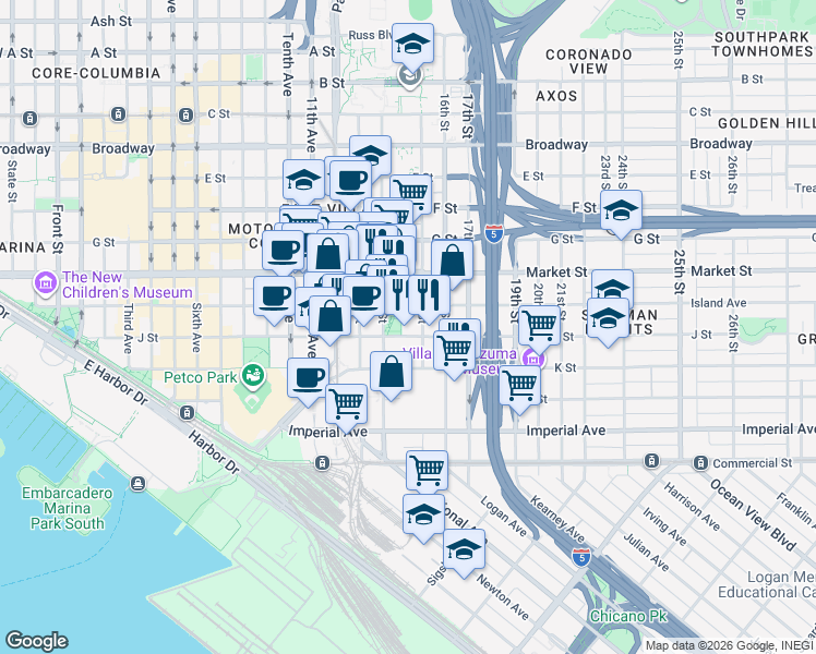 map of restaurants, bars, coffee shops, grocery stores, and more near 1431 J Street in San Diego