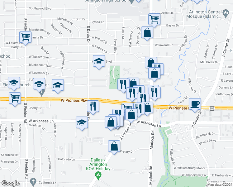 map of restaurants, bars, coffee shops, grocery stores, and more near 1017 West Pioneer Parkway in Arlington