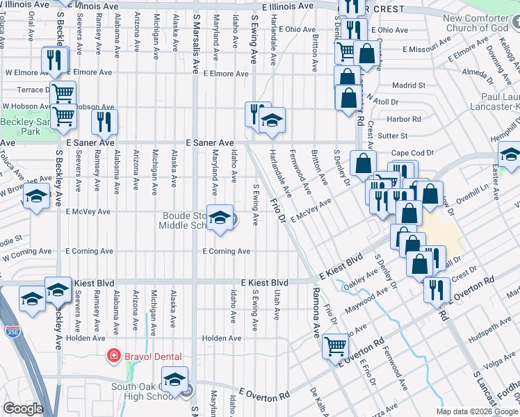 map of restaurants, bars, coffee shops, grocery stores, and more near 2946 South Ewing Avenue in Dallas