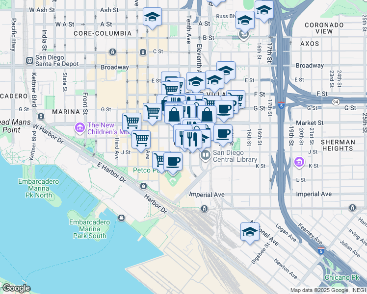 map of restaurants, bars, coffee shops, grocery stores, and more near 427 Ninth Avenue in San Diego