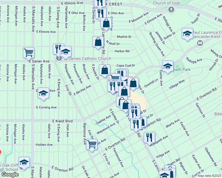 map of restaurants, bars, coffee shops, grocery stores, and more near 3015 South Lancaster Road in Dallas