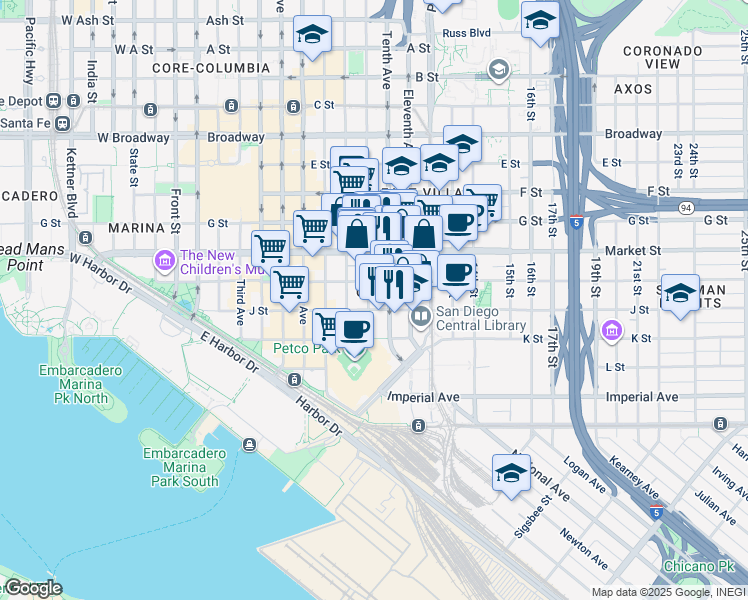map of restaurants, bars, coffee shops, grocery stores, and more near in San Diego