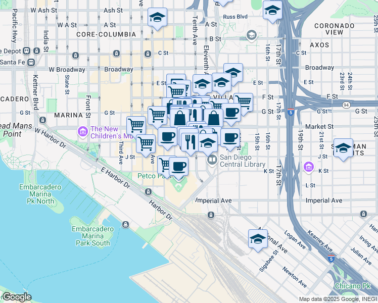 map of restaurants, bars, coffee shops, grocery stores, and more near 427 Ninth Avenue in San Diego