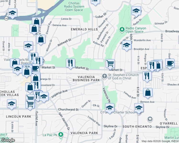 map of restaurants, bars, coffee shops, grocery stores, and more near 5615 Market Street in San Diego