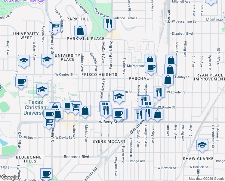 map of restaurants, bars, coffee shops, grocery stores, and more near 2845 Forest Park Boulevard in Fort Worth