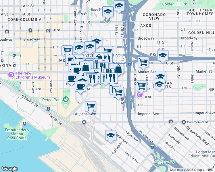map of restaurants, bars, coffee shops, grocery stores, and more near 501 14th Street in San Diego