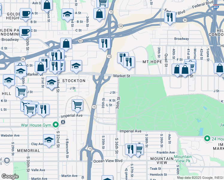 map of restaurants, bars, coffee shops, grocery stores, and more near 3562 Island Avenue in San Diego