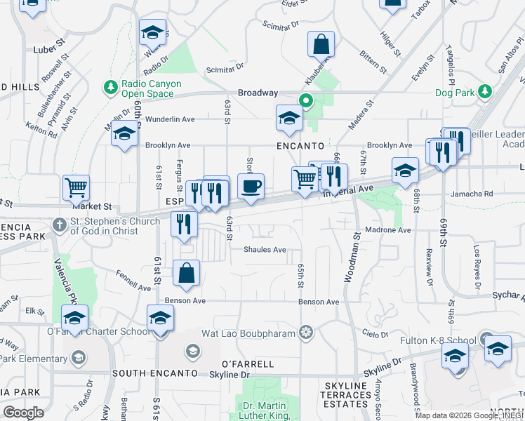 map of restaurants, bars, coffee shops, grocery stores, and more near 6396 Akins Avenue in San Diego