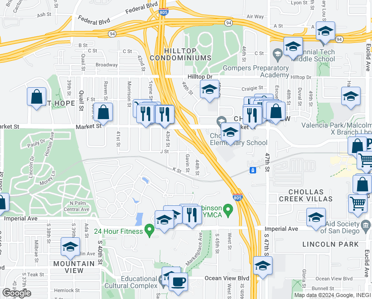 map of restaurants, bars, coffee shops, grocery stores, and more near 418 Gavin Street in San Diego