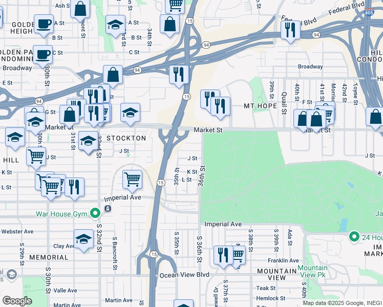 map of restaurants, bars, coffee shops, grocery stores, and more near 3562 Island Avenue in San Diego