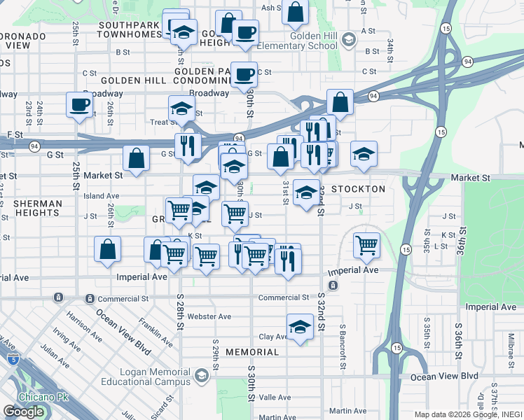 map of restaurants, bars, coffee shops, grocery stores, and more near 3041 Island Avenue in San Diego
