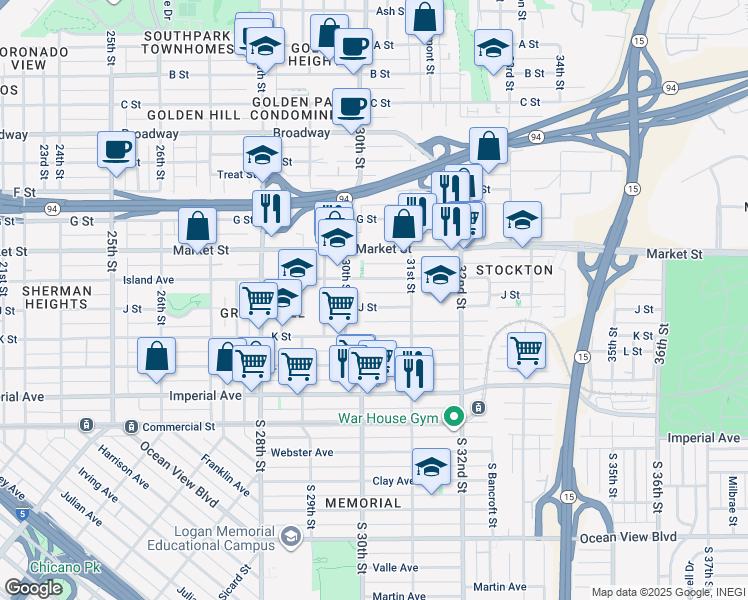 map of restaurants, bars, coffee shops, grocery stores, and more near 3041 Island Avenue in San Diego