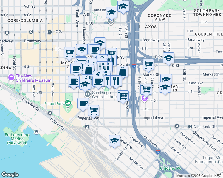 map of restaurants, bars, coffee shops, grocery stores, and more near 501 14th Street in San Diego