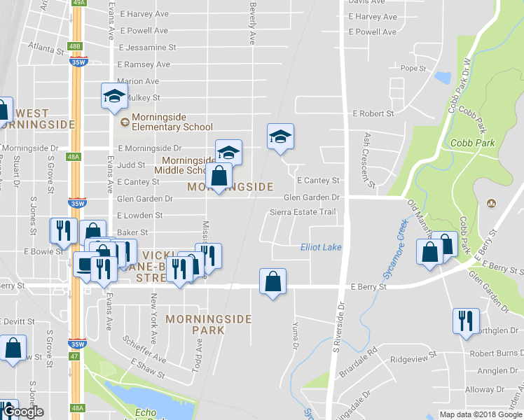 map of restaurants, bars, coffee shops, grocery stores, and more near 1300 Glen Garden Drive in Fort Worth